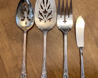 Vintage Silverplate Serving Set, Pie Lifter, Meat Fork, Slotted spoon, Knife,  Enchantment Pattern, 1881 Rogers Oneida,