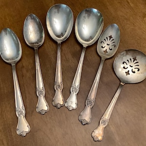Silverplate 6 pce Serving Set, Vintage Cutlery Service Utensils, Old Company Plate Spoons, Signature Pattern, 1950, Monogram, Silverware