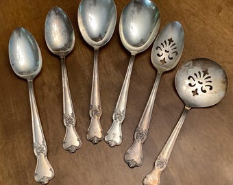 Silverplate 6 pce Serving Set, Vintage Cutlery Service Utensils, Old Company Plate Spoons, Signature Pattern, 1950, Monogram, Silverware