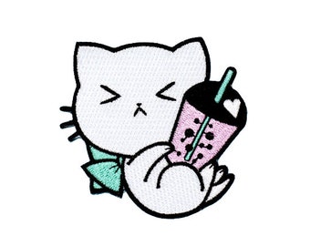 Bubble Kittea Cat Iron-on Bubble Tea Sew-on Embroidery Applique Patch
