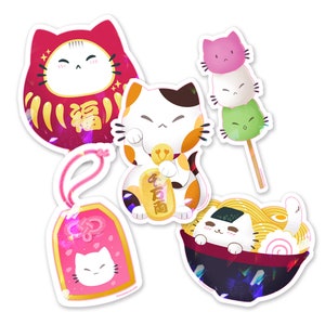 Autocollant en vinyle Sakura Matsuri Maneki Neko Kitty Mignons Chats Japonais