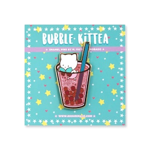 Bubble Kittea in een Boba Cup Cute Tea Cat harde emaille reversspeld
