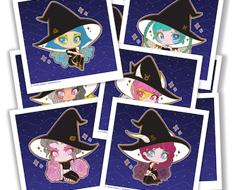 Zodiac Witches Art Print Cute Manga Anime Girl Square Card Sassy Kitties