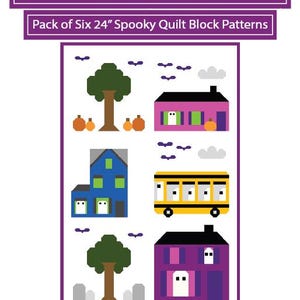 Puede incluir: Un paquete de seis patrones de bloques de edredón espeluznantes de 61 cm titulados Ghost Town por Amy Pinkos. El gráfico presenta ilustraciones pixeladas de árboles, casas, un autobús escolar, calabazas, murciélagos y fantasmas en varios colores.