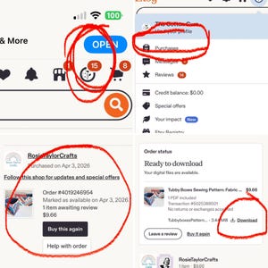 Puede incluir: Captura de pantalla de la interfaz de la aplicaci&oacute;n m&oacute;vil de Etsy. Muestra el perfil de un usuario, el historial de compras y los detalles del pedido. Incluye el n&uacute;mero de pedido, la fecha y un bot&oacute;n 'Comprar de nuevo'.