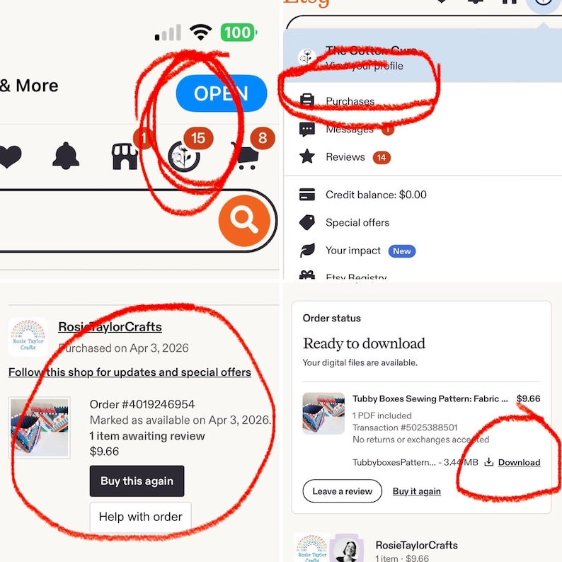 Puede incluir: Captura de pantalla de la interfaz de la aplicaci&oacute;n m&oacute;vil de Etsy. Muestra el perfil de un usuario, el historial de compras y los detalles del pedido. Incluye el n&uacute;mero de pedido, la fecha y un bot&oacute;n 'Comprar de nuevo'.