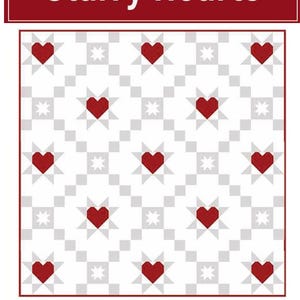 Puede incluir: Un patr&oacute;n de edred&oacute;n titulado "Starry Hearts" con un dise&ntilde;o repetido de corazones rojos y estrellas sobre un fondo blanco y gris. Tambi&eacute;n es visible el texto "Traditionally Pieced Beginner Friendly".