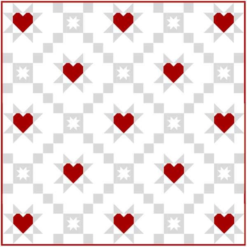 Puede incluir: Un patr&oacute;n repetitivo de corazones rojos, cuadrados grises y estrellas blancas sobre un fondo blanco. El dise&ntilde;o est&aacute; enmarcado por un borde rojo fino, creando una apariencia de edred&oacute;n. Los corazones son de color rojo intenso.