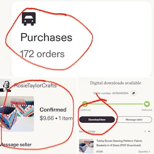Puede incluir: Captura de pantalla de una confirmaci&oacute;n de pedido de Etsy. La imagen muestra una secci&oacute;n de "Compras" con "172 pedidos". Los detalles del pedido incluyen un bot&oacute;n "Descargar art&iacute;culo" para un patr&oacute;n de costura.