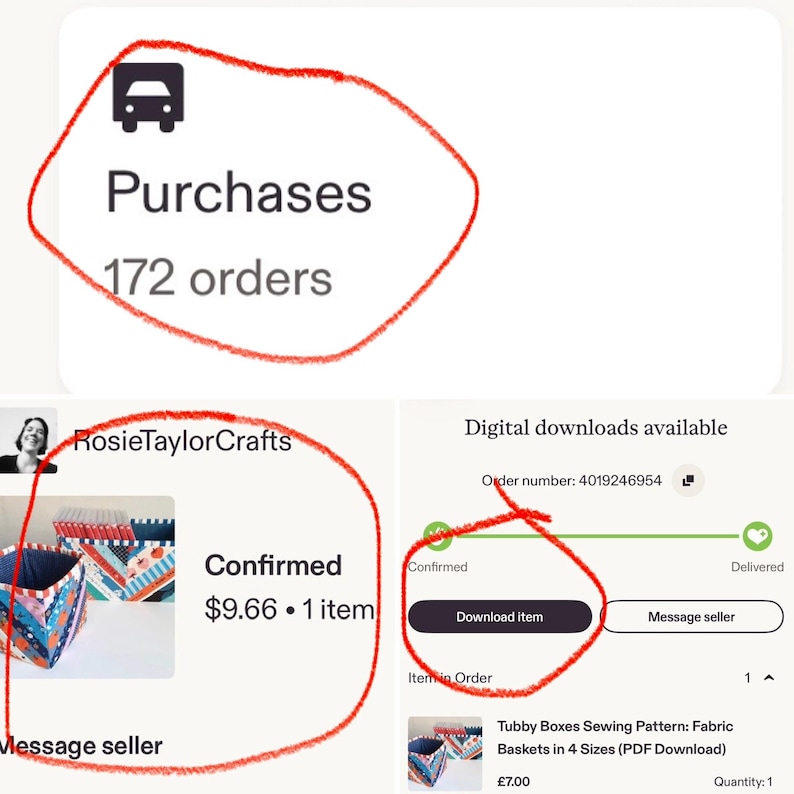 Puede incluir: Captura de pantalla de una confirmaci&oacute;n de pedido de Etsy. La imagen muestra una secci&oacute;n de "Compras" con "172 pedidos". Los detalles del pedido incluyen un bot&oacute;n "Descargar art&iacute;culo" para un patr&oacute;n de costura.