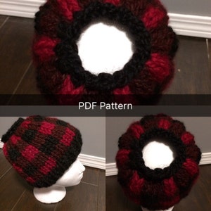 May include: A red and black crocheted hat with a pom-pom on top. The hat is made with a chunky yarn and has a simple design. PDF Pattern.