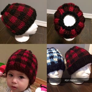 May include: Three knitted hats with a red and black plaid pattern. The hats are shown on a mannequin and a child. The image includes the text "PDF Pattern".