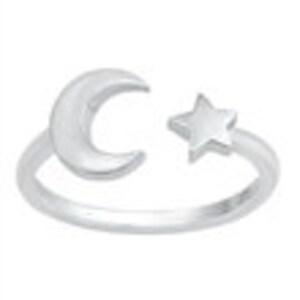 May include: A silver ring with a crescent moon and a star design.