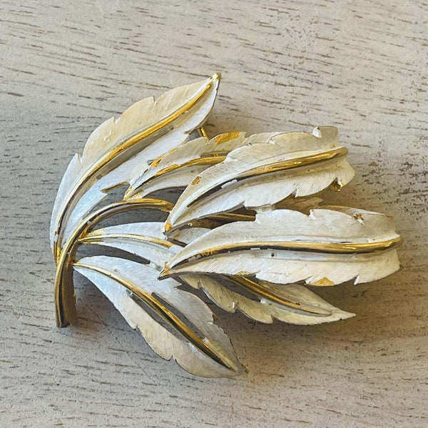 Vintage J.J. Brand Brooch - Pin - Silvery-White and Gold Curled Leaves