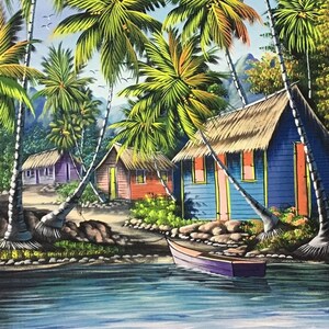 Beach Painting on Canvas, Oil Painting, Beach Landscape, Colorful, Dominican Art, Caribbean Art, Tropical Landscape, Original Painting 50x20