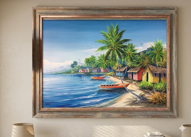Original Caribbean Oil Painting, Tropical Beach Scene, Palm Trees ...