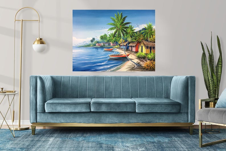 Original Caribbean Oil Painting, Tropical Beach Scene, Palm Trees ...