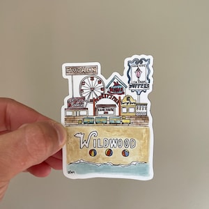 May include: A colorful illustration of a boardwalk scene in Wildwood, New Jersey. The illustration features a Ferris wheel, a Wawa convenience store, a crab house, a sign for "Home Made Ice Cream Duffers", and a sign for "Barrys Buns". The illustration is set against a backdrop of a beach with blue water and three beach balls.