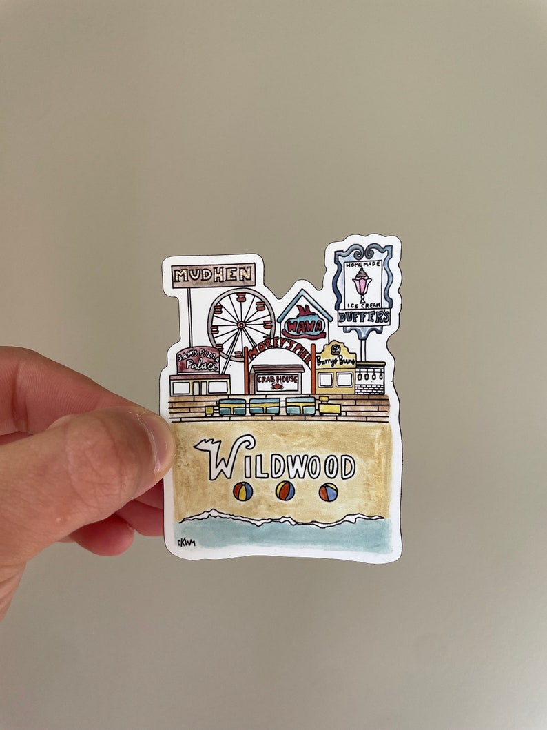May include: A colorful illustration of a boardwalk scene in Wildwood, New Jersey. The illustration features a Ferris wheel, a Wawa convenience store, a crab house, a sign for "Home Made Ice Cream Duffers", and a sign for "Barrys Buns". The illustration is set against a backdrop of a beach with blue water and three beach balls.