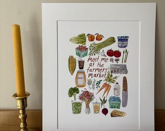 Puede incluir: Una ilustración de acuarela de una escena de mercado de agricultores con el texto "Meet me at the farmers market". La ilustración presenta varias frutas, verduras, productos lácteos y productos horneados.