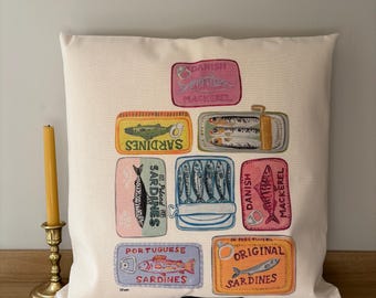 Sardines Pillow, Beach House Decor, Cotton Canvas