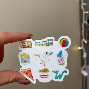 May include: A white sticker featuring colorful illustrations of boardwalk snacks and items, including a box of fries labeled Curleys Fries, a seagull, a cup of Polish water ice, a slice of pizza, and a bucket labeled Johnson's Popcorn.