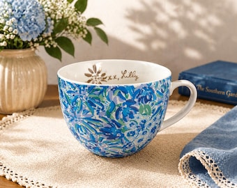 Lilly Pulitzer Blue Floral Ceramic Mug | Vintage Style Coffee Cup