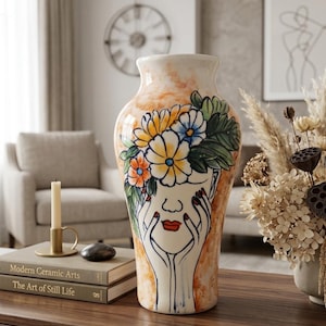 Hand Painted Ceramic Face Vase: Whimsical Floral Portrait Pottery, Boho Home Decor Planter