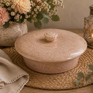 May include: A round, speckled light pink ceramic casserole dish with a matching lid featuring a central knob handle. The dish has a smooth, glossy finish and a wide, shallow base, presenting a uniform color palette with dark brown flecks.