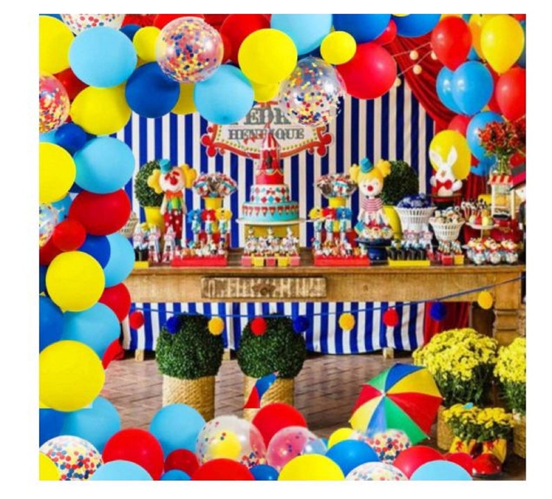 105 pcs Carnival Circus Balloon Garland Kit Red Blue Yellow Latex Balloons and Rainbow Multicolor Confetti/Kids Party/Baby Shower image 1