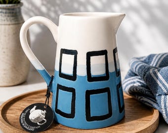 The Old Pottery Company Ceramic Pitcher: Hand-Painted Blue Geometric Window Pane Creamer Jug