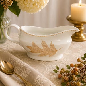 May include: A white porcelain gravy boat featuring a gold-toned leaf skeleton pattern on the side and a delicate gold-colored trim along the top rim. The vessel has a curved handle and a wide pouring spout, designed for serving sauces or gravies.