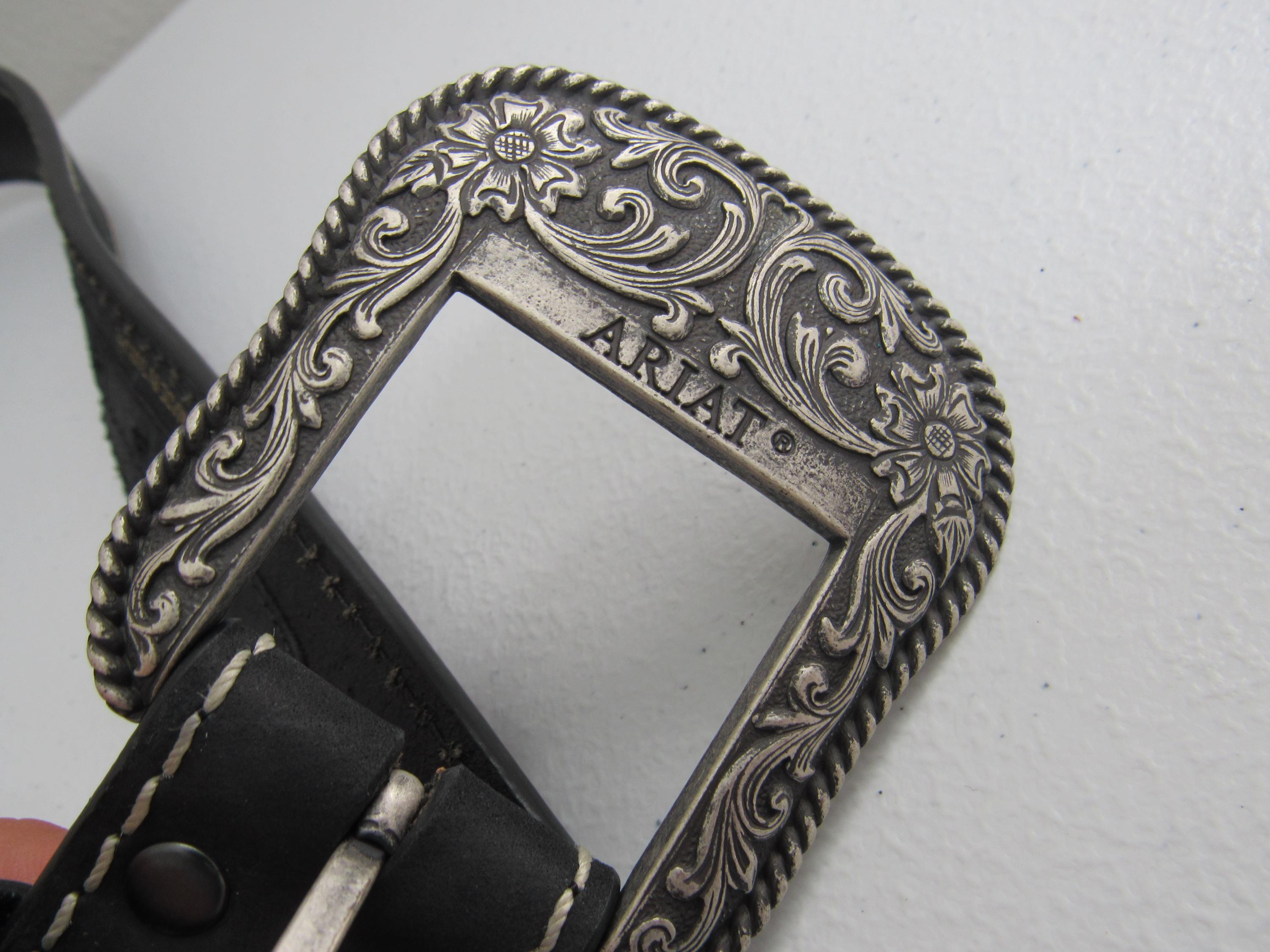 Ariat Black Leather Belt: Floral Etched Steel Buckle, Size 