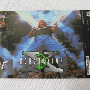 May include: A sticker featuring a wrestling group called Generation X. The sticker has a silver and green logo with the text "Generation X" and a black background. The sticker is part of a larger sheet of wrestling stickers.