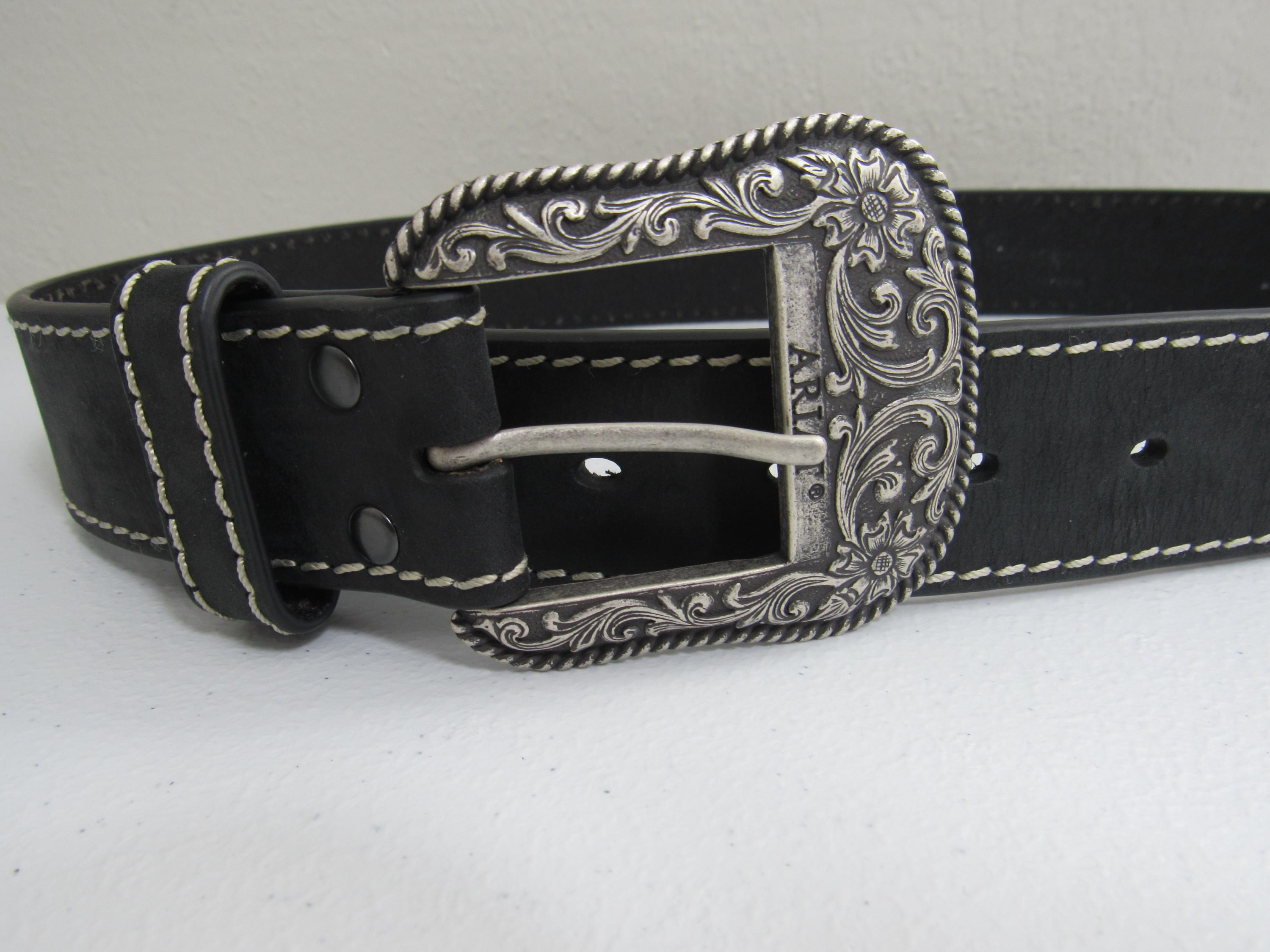 Ariat Black Leather Belt: Floral Etched Steel Buckle, Size  display picture 3