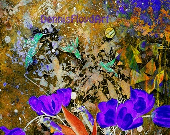 Surreal Dreams Hummingbirds Squids Odd Unique Abstract Funniest Cool Hot Purple Flowers Wow Paper Wood Canvas Art Prints Sale Free Shipping