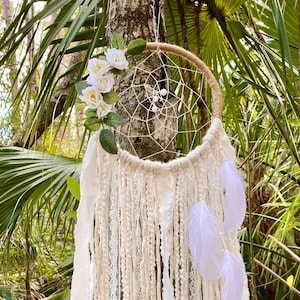 Wild Rose Dreamcatcher, White Dreamcatcher, Large Dreamcatcher, White Flower Dreamcatcher, Flower Dreamcatcher