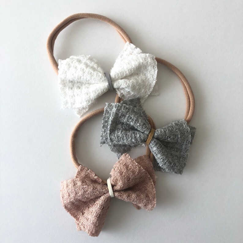 Neutral Bow Headband Set Baby Headband Bow Baby Headbands Set Baby Bow Set Nylon Elastic Floral Pink Lace Beige Nylon HeadbandBaby Bo image 2