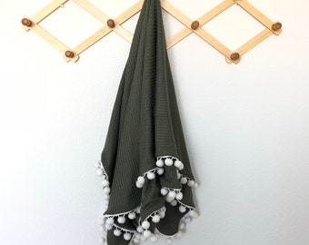 Olive Pom Pom Blanket | Knit Blanket | Waffleknit Blanket | Baby Shower gift  | Boy Girl blanket | Baby Blanket | Fall