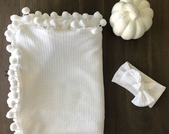 Pom Pom blanket with matching headband | Newborn Set | White Blanket | White knit headband | Baby Gifts