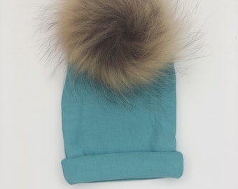 Jersey Knit Hat with fur pom | Knit Hat | Winter Hat | Baby Gift | Faux Fur | Baby Beanie | Baby Gift