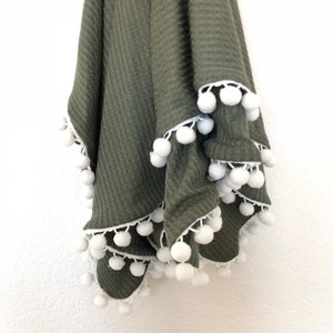 Olive Pom Pom Blanket Knit Blanket Waffleknit Blanket Baby Shower gift Boy Girl blanket Baby Blanket Fall image 2