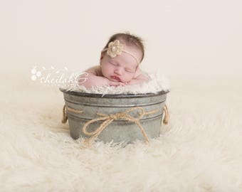Newborn Digital Backdrop, Metal Bucket with Twine and Cream Fur on a Cream Natural Background