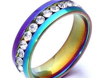 6mm Rainbow Colorful Crystal Ring Titanium Steel Wedding Band Ring