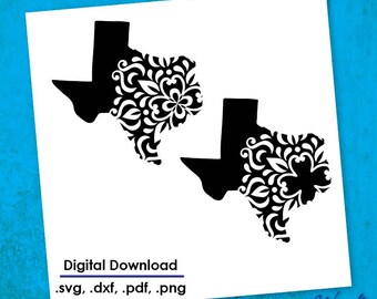 May include: Two black outlines of the state of Texas with a white floral design inside each outline. The text "Digital Download .svg, .dxf, .pdf, .png" is below the outlines. The text "Mall West Designs" is in the bottom right corner.