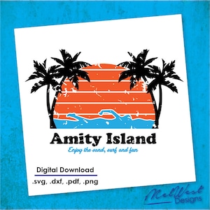 Download digital de mandíbulas Amity Island | Filme retrô SVG | Design vintage de tubarão | Camisa da praia do verão | camiseta dos anos 80 | Palmeiras | Areia de surf do sol