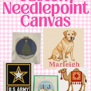 May include: Custom needlepoint canvas featuring four distinct designs: a Christmas tree ornament, a yellow Labrador retriever labeled Marleigh, a black and yellow U.S. Army star emblem, and a camel with a patterned saddle, all on a white grid background.