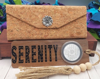 AA Chip Holder Serenity Gift Set: Wood Recovery Bookmark, Cork Box & Sobriety Chip