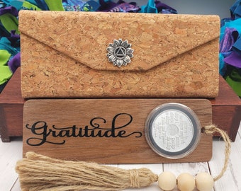 AA Chip Holder Gratitude Gift Set: Wood Bookmark, Serenity Prayer Chip Box