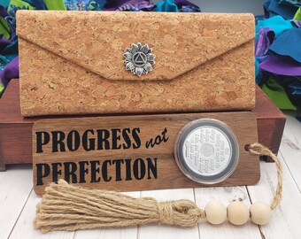 AA Chip Holder Progress Not Perfection Gift Set: Sobriety Bookmark, Serenity Prayer Chip Box